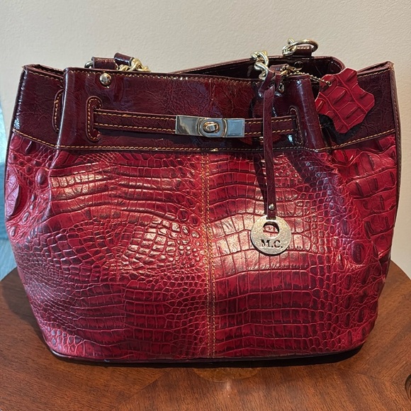 Marc Chantal Shoulder bag red croc pattern leather/Burg. Patent accents goldtone - Picture 1 of 17